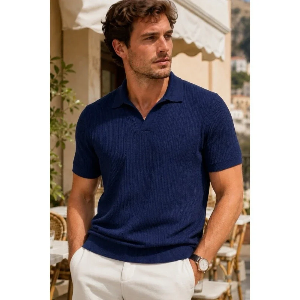 J.Crew Polo Sweater Mens M Blue Cotton Textured Johnny Collar Knit Shirt BY969